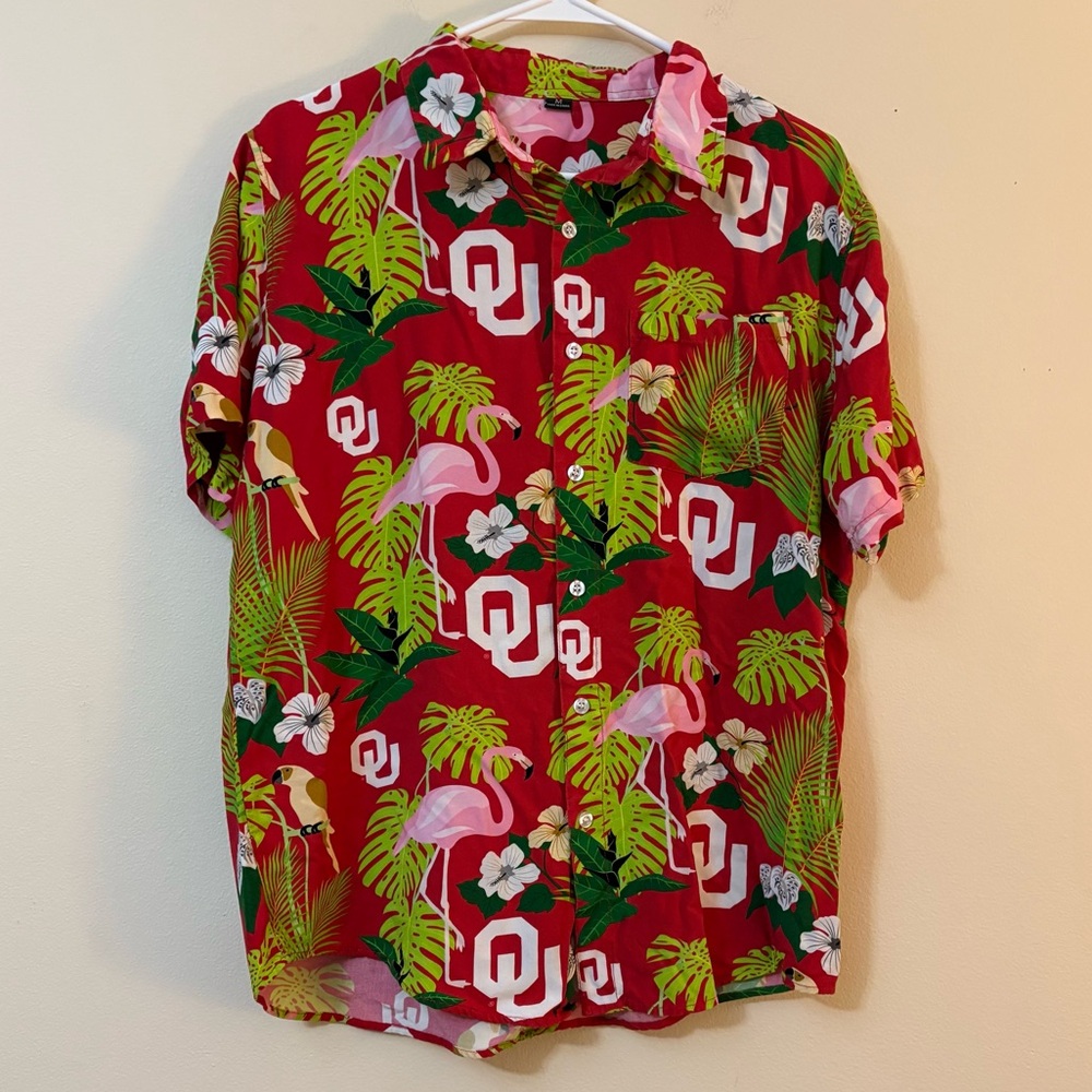 University Oklahoma Sooners Hawaiian Flamingo Floral Shirt Button M Palm OU